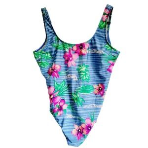 Islander 16 One-Piece Swimsuit Tripical Flowers‎ Striped Blue Shelf Bra Wireless